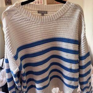 J. Crew Cream Sweater with Blue Stripes and Button Shoulder